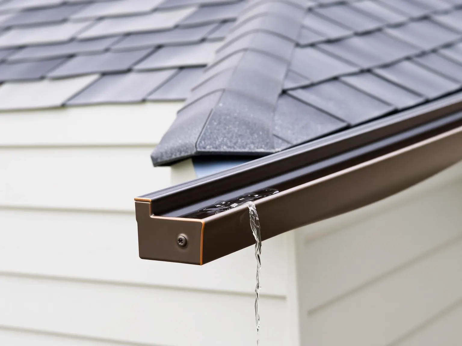 Dark seamless eavestrough along a shingle roof edge with water running through it