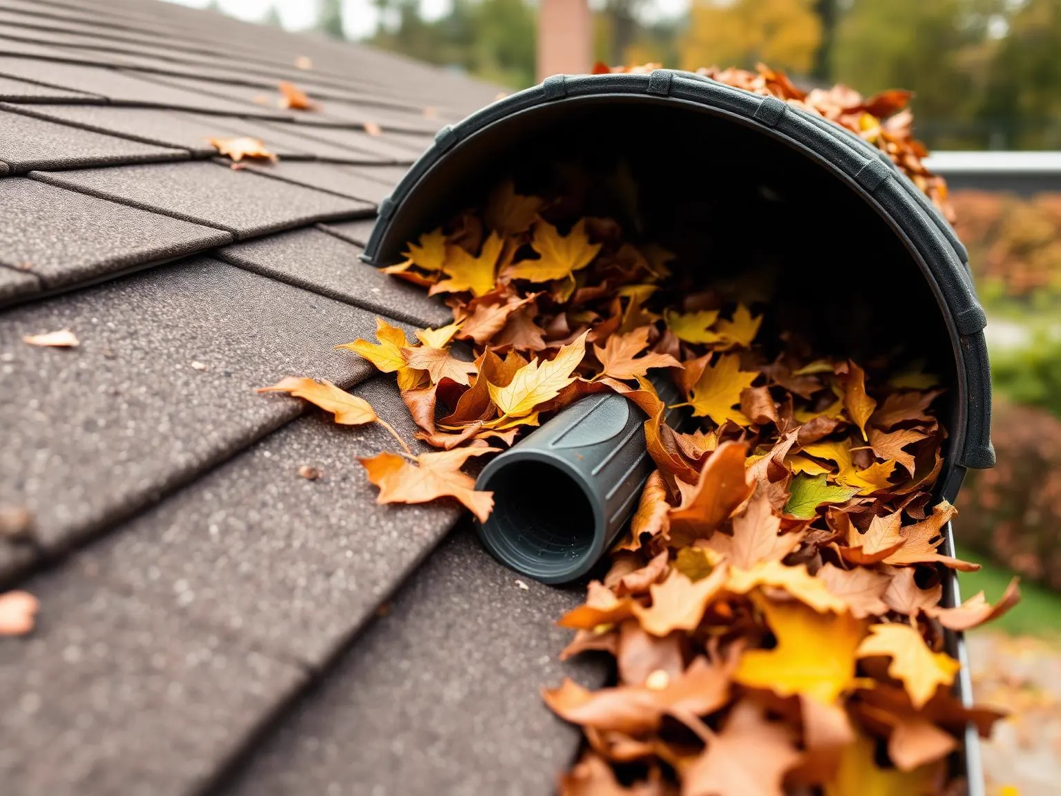 Gutter packed with wet autumn leaves blocking the downspout outlet