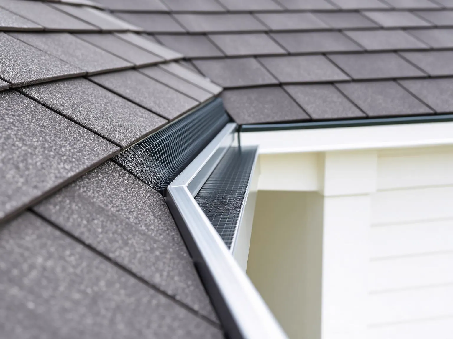 Black micro-mesh gutter guard fitted along a seamless eavestrough
