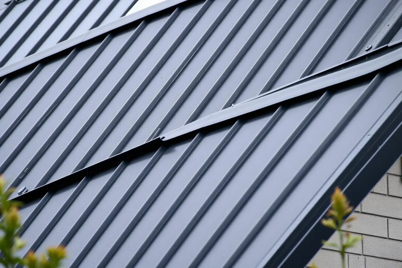 Close view of a dark standing seam metal roof with concealed fasteners